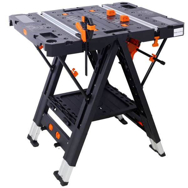 Portable Folding Work Table, 2-in-1 as Sawhorse & Workbench, Large Load Capacity with 2pcs Clamps 