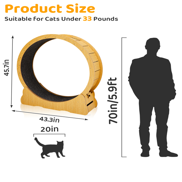 Cat Wheel Exerciser for Indoor Cats, 43.3-inch Large Cat Exercise Wheel for Running Silent, Cat Treadmill with Safety Lock for Cat's Fitness and Health, Natural Wood