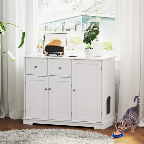 Cat Litter Box Enclosure With 2 Drawers 3 Doors Anti-Toppling Devices Storage  ﻿