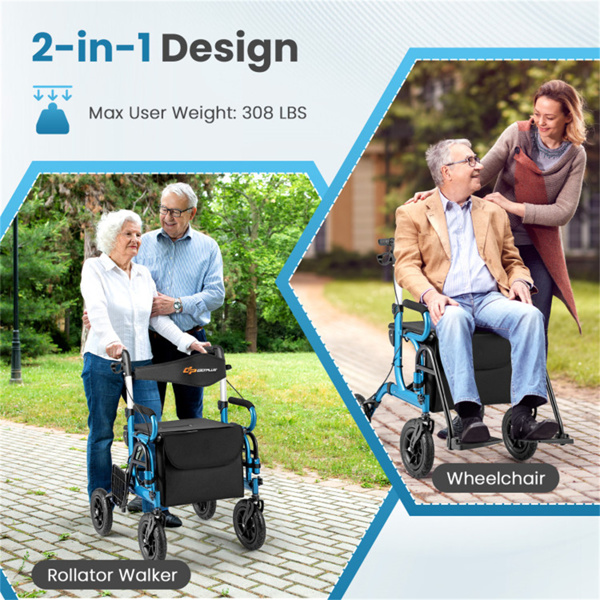 New 2-in-1 Foldable Rollator Walker with 9 Inch Pneumatic Tires 