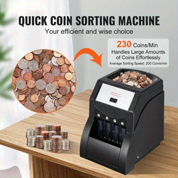 Automatic Coin Sorter Machine for US Coins - Counts & Sorts 230 Pennies/Nickels/Dimes/Quarters per Minute, 200-Coin Capacity, Ideal for Banks/Retail/Home Use