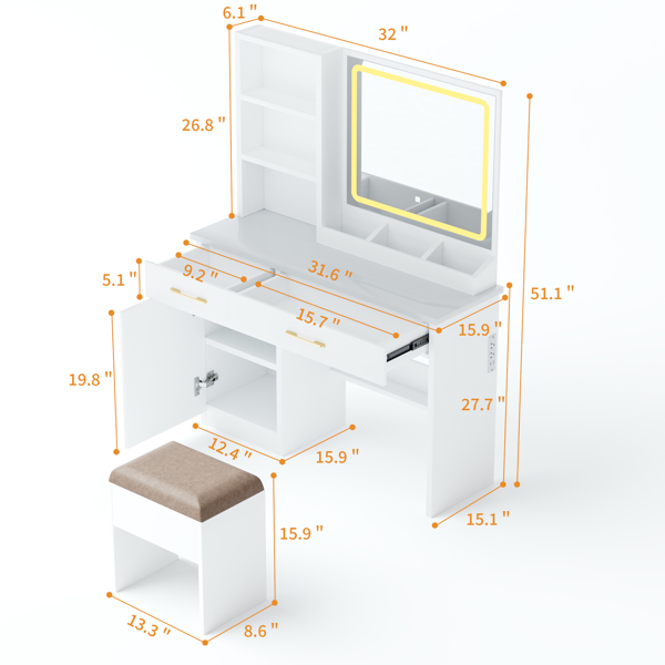 32'' Wide Makeup Vanity Desk with Lighted Mirror and Power Outlet, Dressing Table with Large Storage Space and Cushioned Stool for Bedroom & Studio