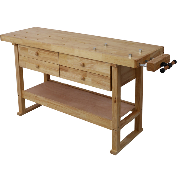 60in Workbench with 4 Drawers Wooden Workbench for Garage Workshop and Home, with Rapid Action Woodworking Vise 7 Inch Jaw Width Made with Heavy-Duty Cast Iron ,GRAY 