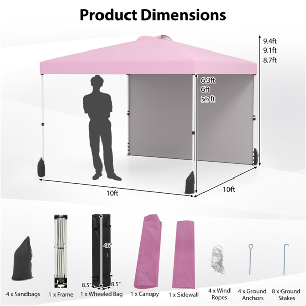 10 X 10英尺弹出式雨棚帐篷带轮式包和1个侧墙 - 粉色（amazon shipping-发货，WALMART禁止销售）周末不发货-3