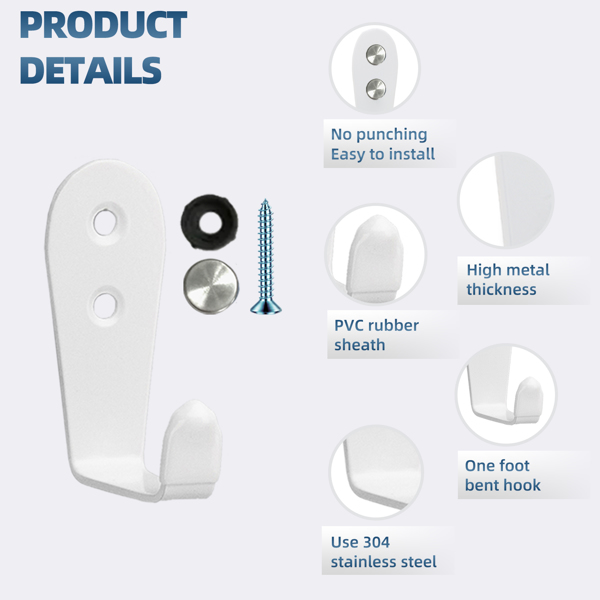 5件套大号L型不锈钢挂钩玄关门板衣橱书包（白色）-5