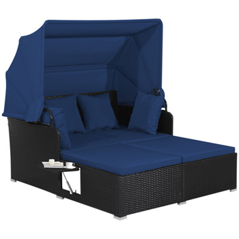 Navy  <b style=\\'color:red\\'>Rattan</b> Daybed Lounge W/ Retractable Top Canopy Side Tables Cushions 