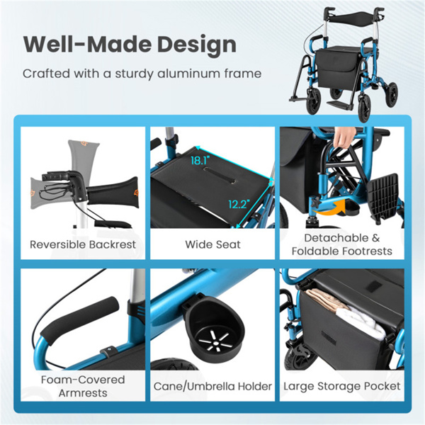 New 2-in-1 Foldable Rollator Walker with 9 Inch Pneumatic Tires 