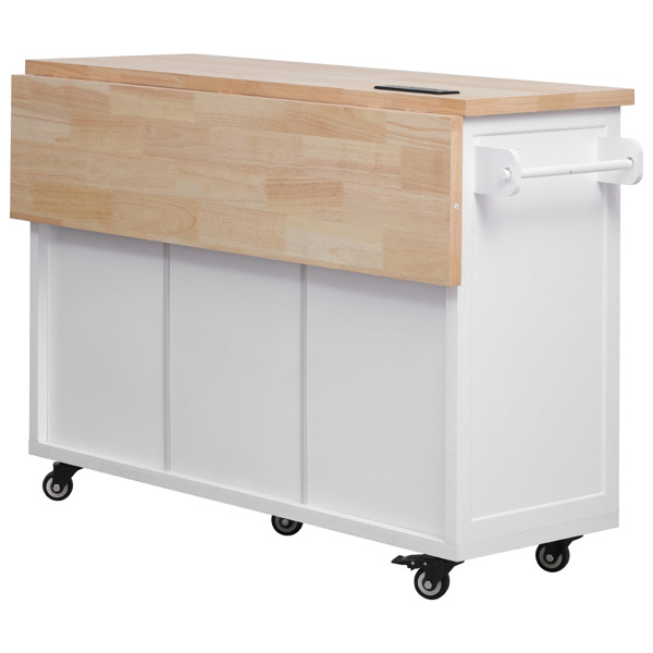 56.5'' Kitchen Island with Drop Leaf, Power Outlet, Embossed Vertical Stripe Rolling Kitchen Cart on Wheels with 4 Doors , 5 Deep Drawers and Adjustable Shelves, for Kitchen, Dining Room, White