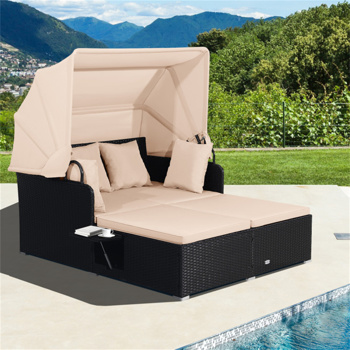 Beige  <b style=\\'color:red\\'>Rattan</b> Daybed Lounge W/ Retractable Top Canopy Side Tables Cushions 
