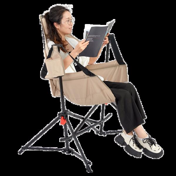 吊床露营椅，折叠便携式摇椅，铝合金可调节靠背摇摆椅，带枕头杯架，带手提包的躺椅，适合户外旅行草坪后院，卡其色-14