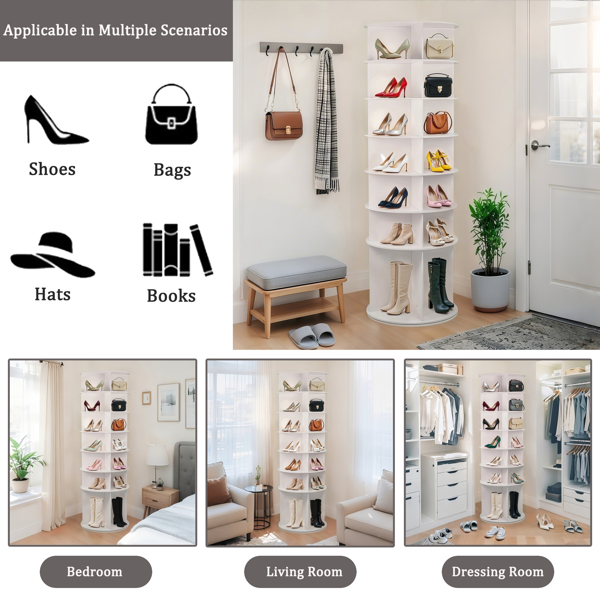 7 Tier Rotating Shoe Rack, High Bottom Design Rotating Shoe Rack Tower, Free Standing 360° Spinning Shoe Organizer, Round Display Spinning Shoe Rack Tower, Fits 28 Pairs of Shoes (White)