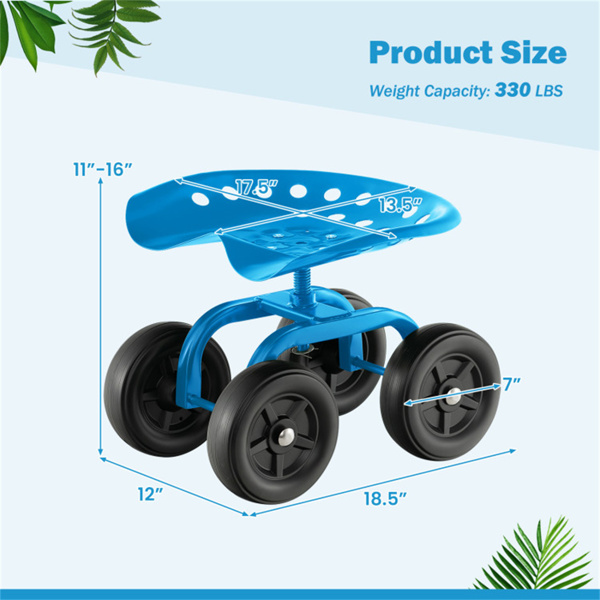360° Garden Rolling Workseat with Swivel Seat and Adjustable Height-Blue 