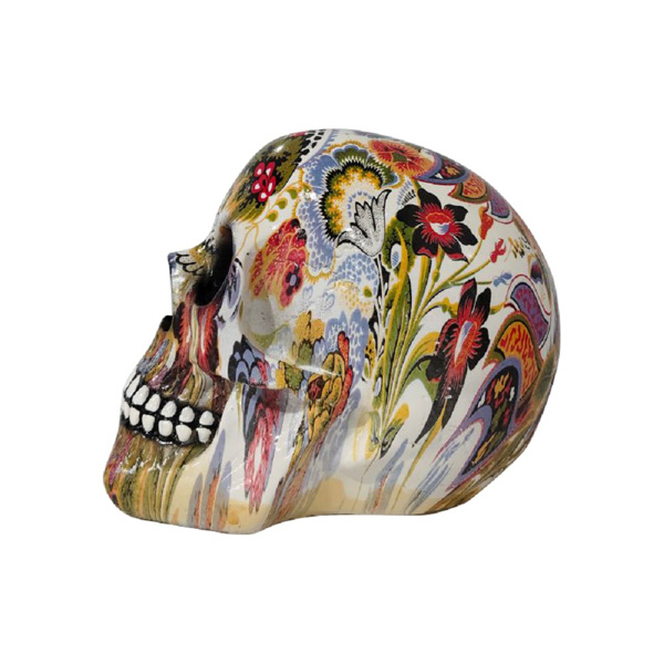 恐怖人头骨骷髅摆件创意头颅彩色花绘桌面摆件万圣节礼品 花纹水转印树脂摆件-5