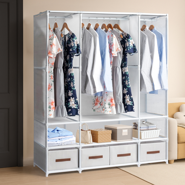 3-Tier Hanging Wardrobe with Storage Boxes & Curtains – Non-Woven Fabric Closet (144*45*166.5cm, White)