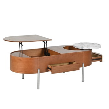 47.2\\'\\'Lift Top Coffee Table with 360-degree Marble-patterned rotating tray,Hidden Compartment, Partially Assembled Wooden Center Table, Modern Oval Lift Tabletop for Home Living Room