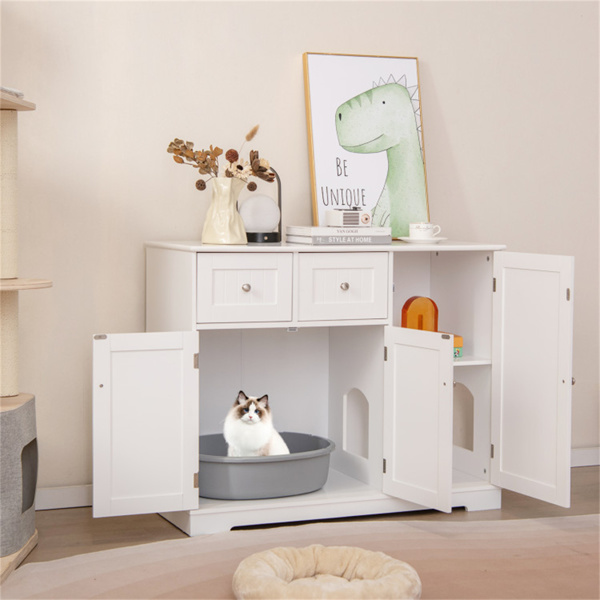 Cat Litter Box Enclosure With 2 Drawers 3 Doors Anti-Toppling Devices Storage  ﻿