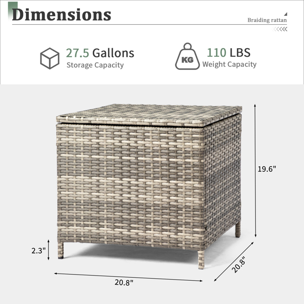 Outdoor PE Wicker Side Table with Storage, Patio Rattan End Table Square Container for Furniture Covers, Toys and Gardening Tools, Grey 