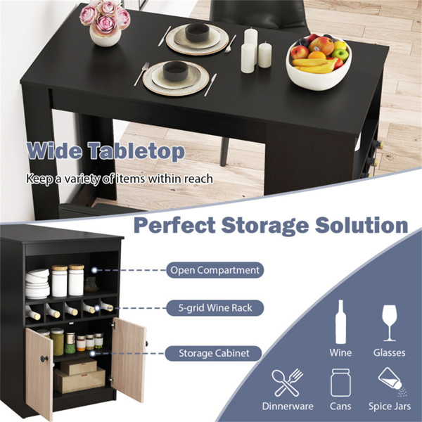 48 inch black kitchen bar table with storage cabinet and wine rack