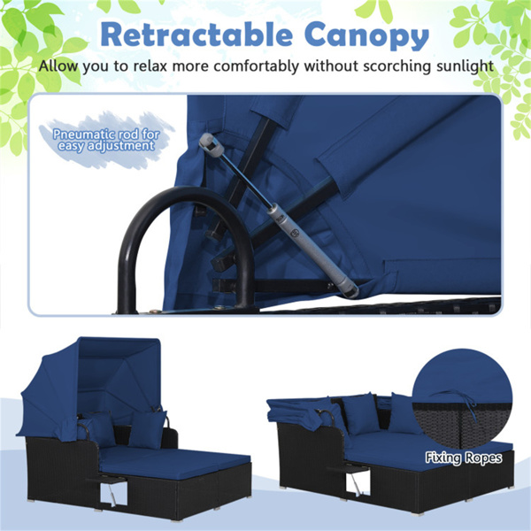Navy  Rattan Daybed Lounge W/ Retractable Top Canopy Side Tables Cushions 