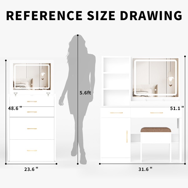 32'' Wide Makeup Vanity Desk with Lighted Mirror and Power Outlet, Dressing Table with Large Storage Space and Cushioned Stool for Bedroom & Studio