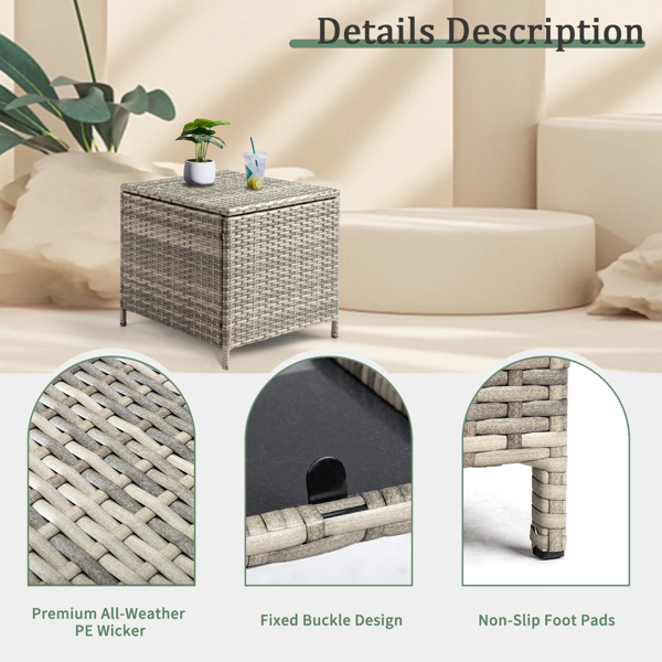 Outdoor PE Wicker Side Table with Storage, Patio Rattan End Table Square Container for Furniture Covers, Toys and Gardening Tools, Grey 