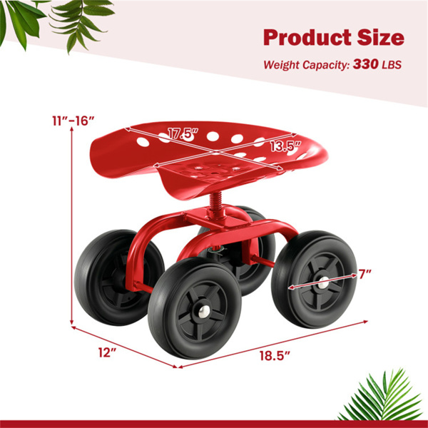 360° Garden Rolling Workseat with Swivel Seat and Adjustable Height-Red 