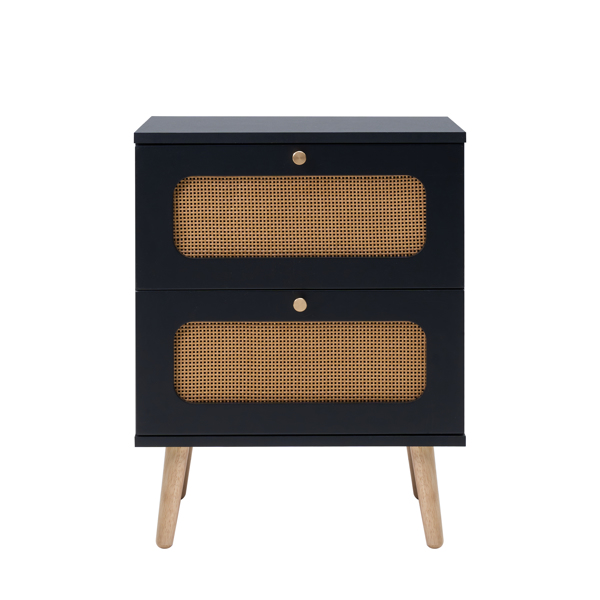 2-drawer Rattan Nightstand for Bedroom and Living Room, End Table, Side Table with 2 Hand Made Rattan Decorated Drawers 