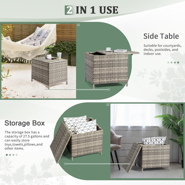 Outdoor PE Wicker Side Table with Storage, Patio Rattan End Table Square Container for Furniture Covers, Toys and Gardening Tools, Grey 