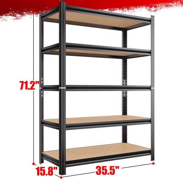 5 Tier Storage Rack, Adjustable Height Shelving, Warehouse Supermarket Basement Storage, Black Requires Assembly