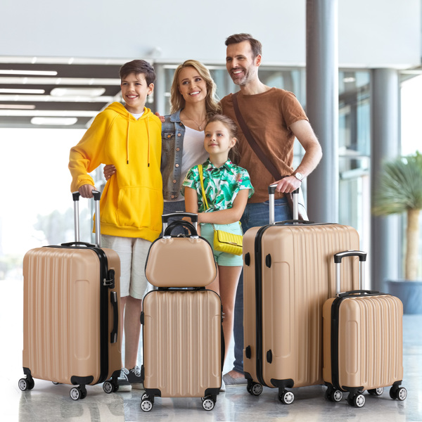 5-Piece Suitcase Set, Travel Suitcase Set with Cosmetic Case, Hard Shell Suitcase Set Made of ABS, Luggage Set with Vanity Case, Champagne gold