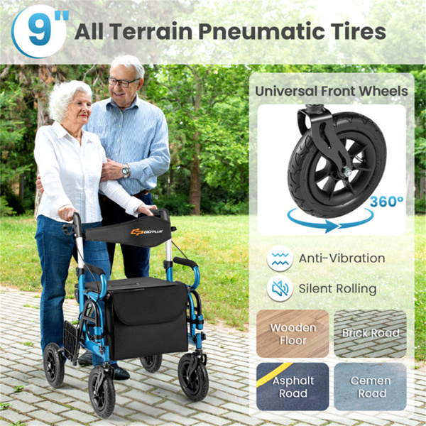 New 2-in-1 Foldable Rollator Walker with 9 Inch Pneumatic Tires 