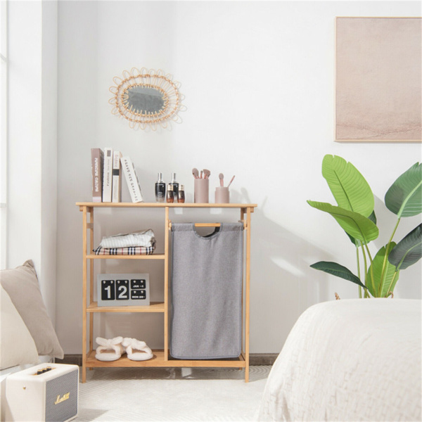 Bamboo Laundry Hamper Stand with 3-Tier Open Shelves