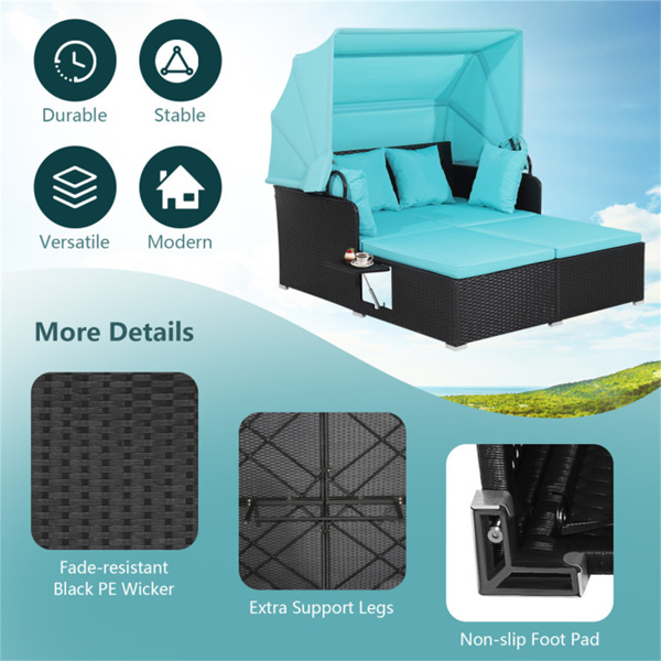 Turquoise Rattan Daybed Lounge W/ Retractable Top Canopy Side Tables Cushions 