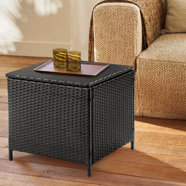 Outdoor PE Wicker Side Table with Storage, Patio Rattan End Table Square Container for Furniture Covers, Toys and Gardening Tools, Black