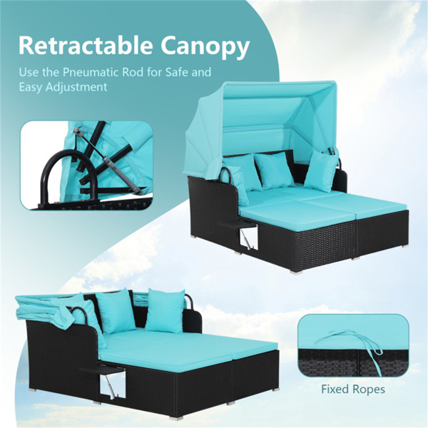 Turquoise Rattan Daybed Lounge W/ Retractable Top Canopy Side Tables Cushions 