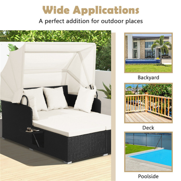 White Rattan Daybed Lounge W/ Retractable Top Canopy Side Tables Cushions 