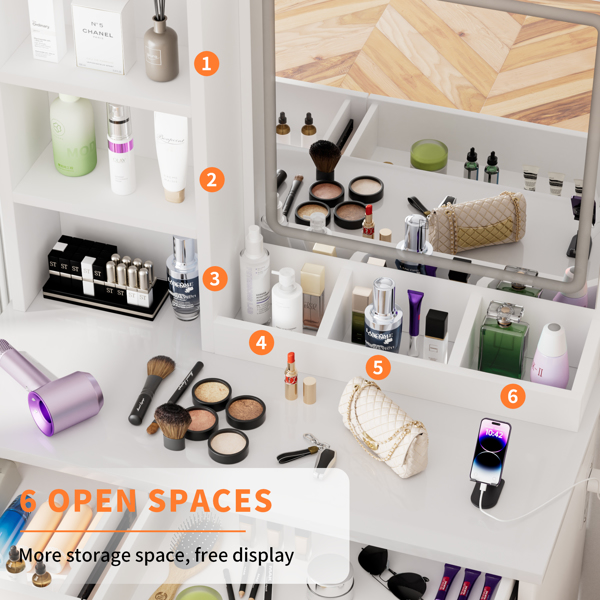 32'' Wide Makeup Vanity Desk with Lighted Mirror and Power Outlet, Dressing Table with Large Storage Space and Cushioned Stool for Bedroom & Studio