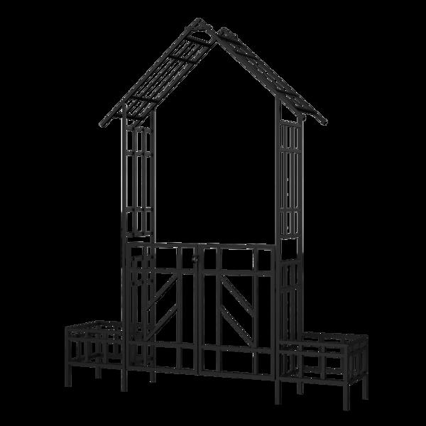 金属花园拱门带门带花盆 W80.71*H97.24 攀缘植物支撑玫瑰拱门户外黑色-11