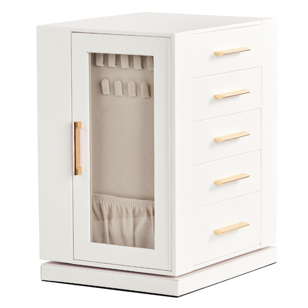 360° Rotating Jewelry Box with 5 Drawers - White Cabinet & Pink Velvet Storage (22x18x28.5cm)