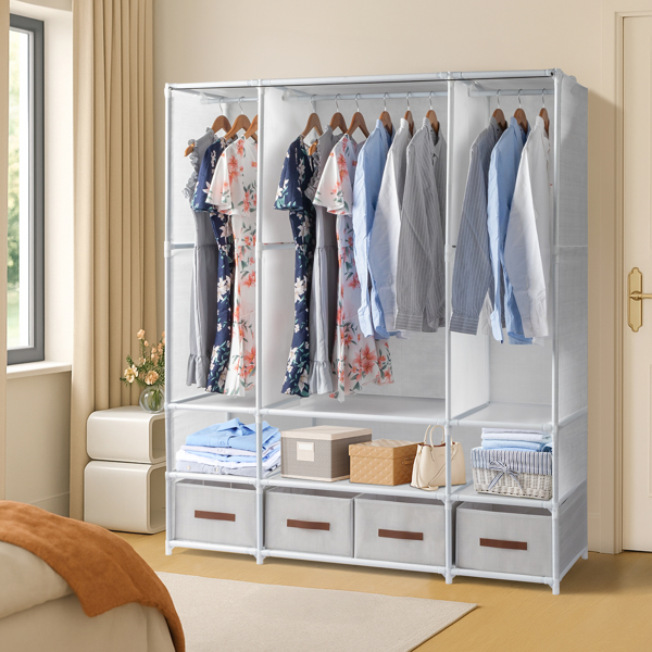 3-Tier Hanging Wardrobe with Storage Boxes & Curtains – Non-Woven Fabric Closet (144*45*166.5cm, White)