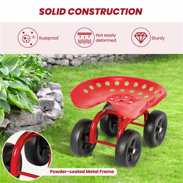 360° Garden Rolling Workseat with Swivel Seat and Adjustable Height-Red 