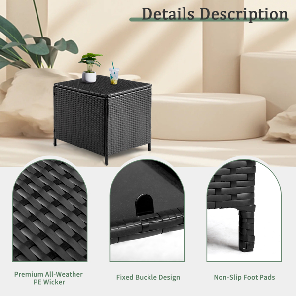 Outdoor PE Wicker Side Table with Storage, Patio Rattan End Table Square Container for Furniture Covers, Toys and Gardening Tools, Black