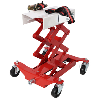 450 Lbs Capacity Low Lift Transmission Jack, With Nylon Safety Strap, Used For Transmissions & Gas Tanks on Smaller Vehicles, Red Color 