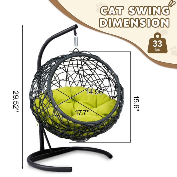 Cat Swing Bed with Stand & Cushion, Cat Egg Chair with Rattan Wicker Appearance, Indoor Hanging Swinging Cat Bed for Cats, Small Dogs, and Small Animals, Green