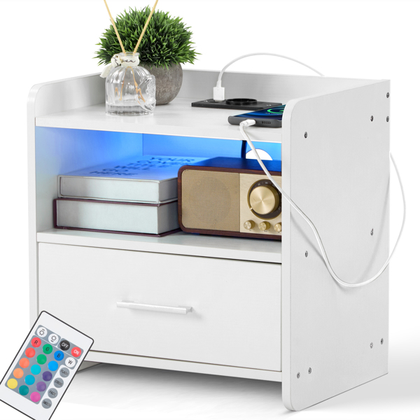 39*29*41cmcm Particleboard Pasted Triamine Single Drawer With Socket With LED Light Bedside Table White
