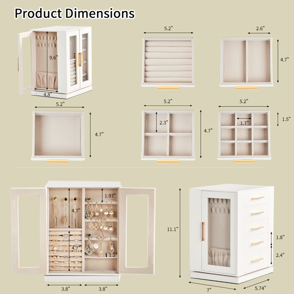 360° Rotating Jewelry Box with 5 Drawers - White Cabinet & Pink Velvet Storage (22x18x28.5cm)