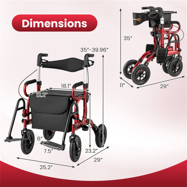 New 2-in-1 Foldable Rollator Walker with 9 Inch Pneumatic Tires 