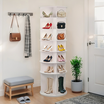 7 Tier Rotating Shoe Rack, High Bottom Design Rotating Shoe Rack Tower, Free Standing 360° Spinning Shoe Organizer, Round Display Spinning Shoe Rack Tower, Fits 28 Pairs of Shoes (White)
