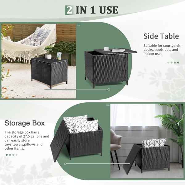 Outdoor PE Wicker Side Table with Storage, Patio Rattan End Table Square Container for Furniture Covers, Toys and Gardening Tools, Black