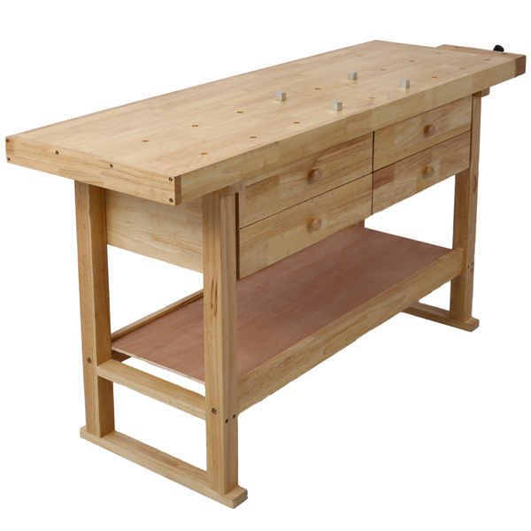 60in Workbench with 4 Drawers Wooden Workbench for Garage Workshop and Home, with Rapid Action Woodworking Vise 7 Inch Jaw Width Made with Heavy-Duty Cast Iron ,GRAY 